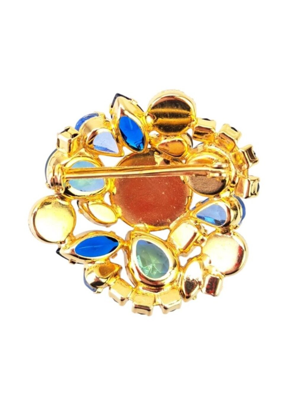 Vintage Blue Rhinestone Round Brooch Pin Dome Cabochon Navette Cluster Statement - Picture 5 of 11